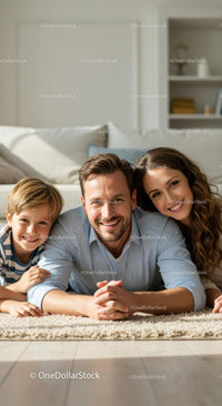 Smiling Family Relaxing Together in Cozy Living Room