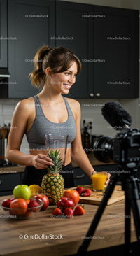 Smiling Woman Preparing Fresh Smoothie in Modern Kitchen