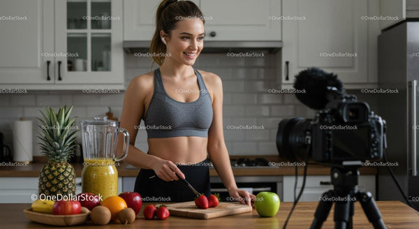 Entuzjastka fitness przygotowująca owocowe smoothie w nowoczesnej kuchni
