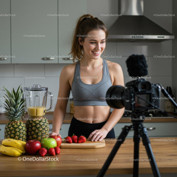 Fitness Enthusiast Recording Healthy Cooking Vlog in Kitchen