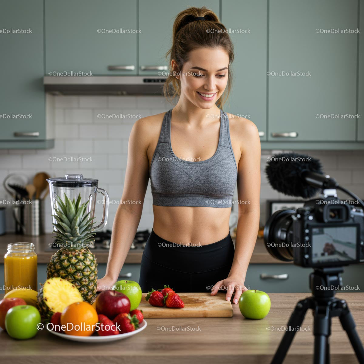 Influencerka fitnessu przygotowuje zdrowy koktajl owocowy w kuchni