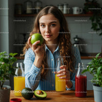 Woman Enjoying Fresh Juice and Green Apple in Cozy Kitchen