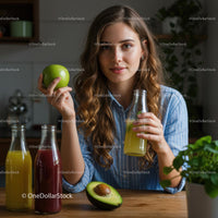 Young Woman Enjoying Fresh Juice and Green Apple in Kitchen