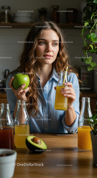 Woman Enjoys Fresh Juice and Green Apple in Cozy Kitchen