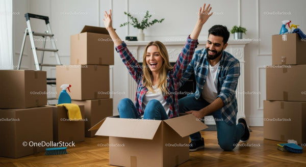 Excited Couple Enjoying Moving Day Fun with Cardboard Boxes