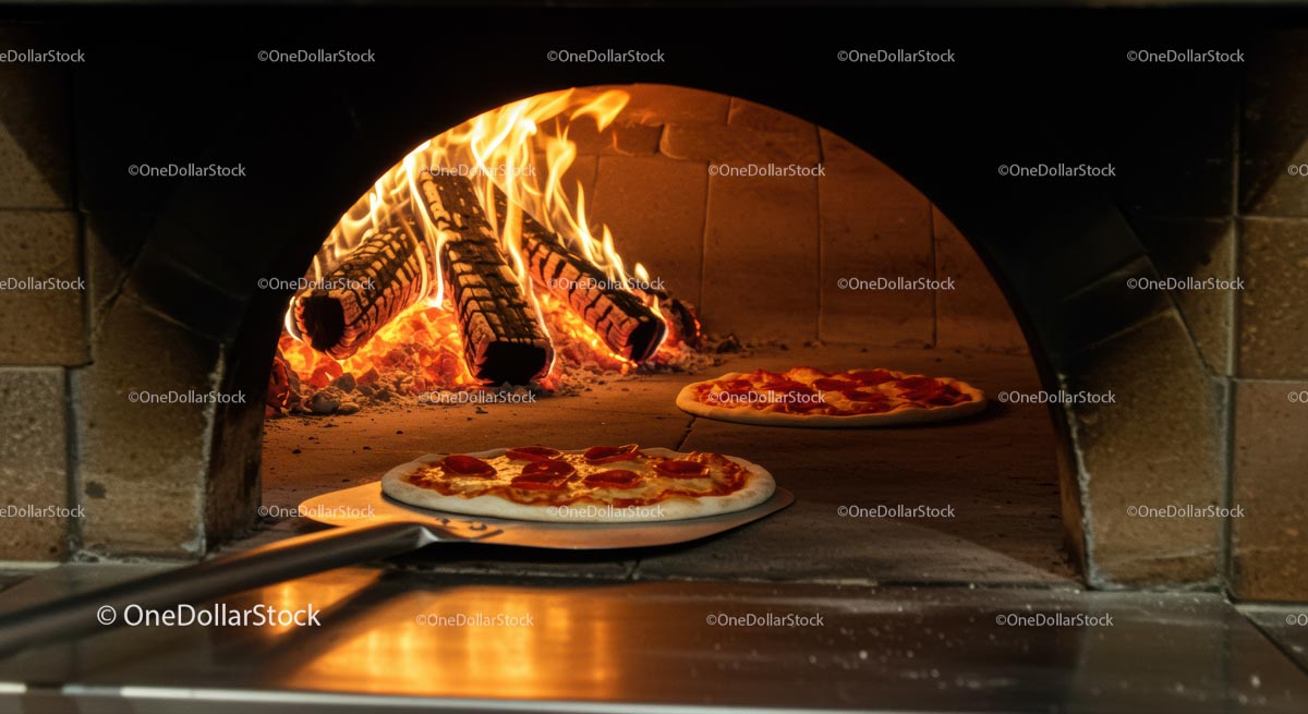 Delicious Pepperoni Pizza Baking in Wood-Fired Oven
