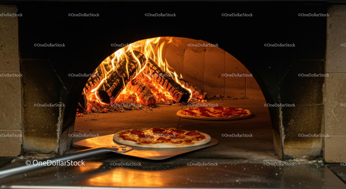Pepperoni Pizza Baking in Wood-Fired Oven