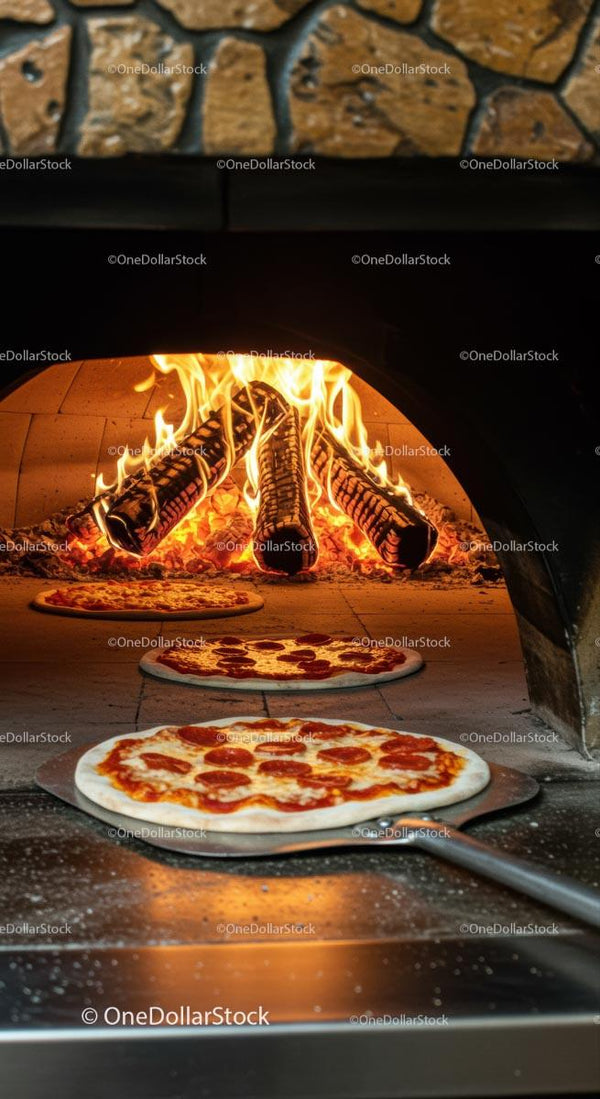Pepperoni Pizza Baking in Wood-Fired Oven