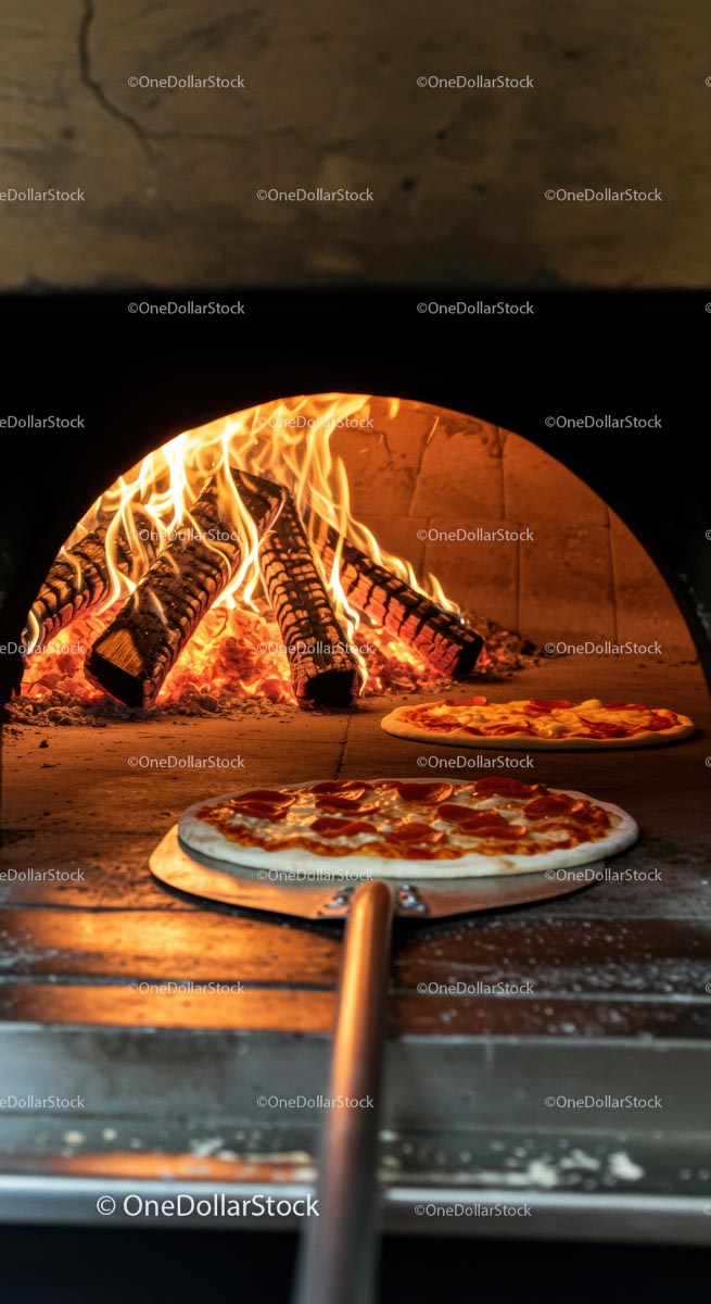 Pepperoni Pizza Baking in Wood-Fired Oven