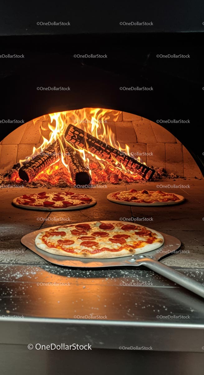 Pepperoni Pizzas Baking in a Wood-Fired Oven