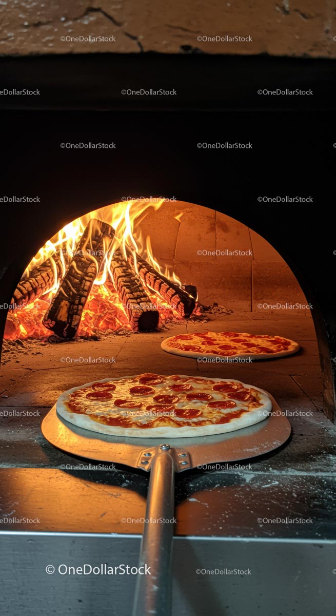 Rustic Pepperoni Pizza Baking in Wood-Fired Oven