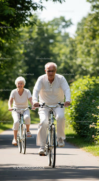 Senior Couple Cycling on a Sunny Path Through Greenery