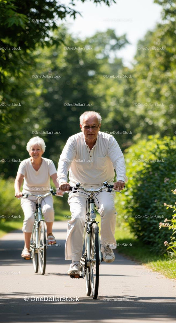 Senior Couple Cycling on a Sunny Path Through Greenery
