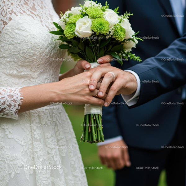 Bride and Groom Holding Hands with Bridal Bouquet