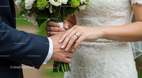 Bride and Groom Exchanging Rings with Floral Bouquet