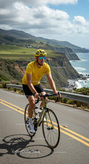 Cyclist in Yellow Jersey Riding Along Scenic Coastal Road