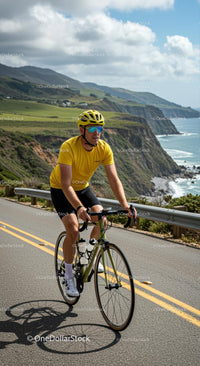 Cyclist in Yellow Jersey Riding Along Scenic Coastal Road