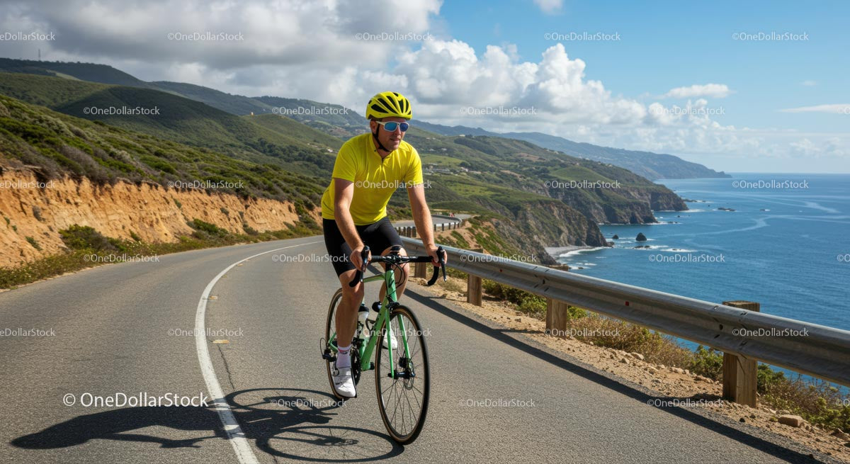 Cyclist in Vibrant Yellow on Scenic Coastal Road