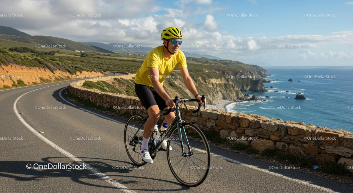 Cyclist Riding Along Scenic Coastal Road