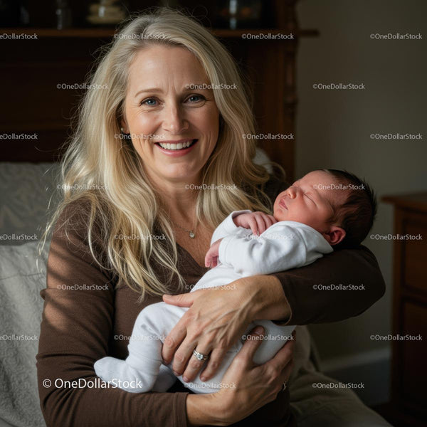 Smiling Mother Holding Her Sleeping Newborn Baby