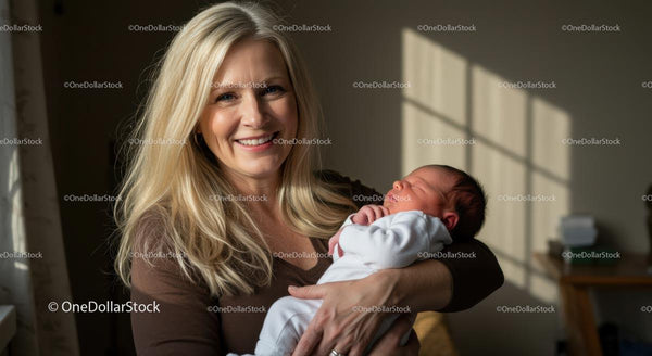 Smiling Mother Holding Newborn Baby in Warm Sunlight