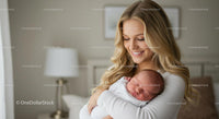 Mother Holding Sleeping Newborn in Cozy Home Setting