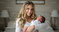 Smiling Mother Holding Newborn in Cozy Bedroom