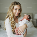 Young Mother Holding Sleeping Newborn in Cozy Home Setting