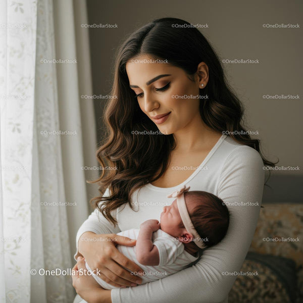 Young Mother Cradling Newborn Baby in Warm Embrace