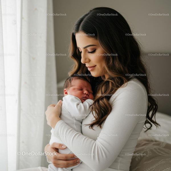 Mother Gently Holding Newborn Baby in Cozy Setting