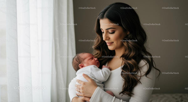Mother Holding Newborn in Gentle Embrace by Window