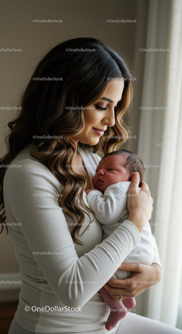 Mother Gently Holding Sleeping Newborn at Home