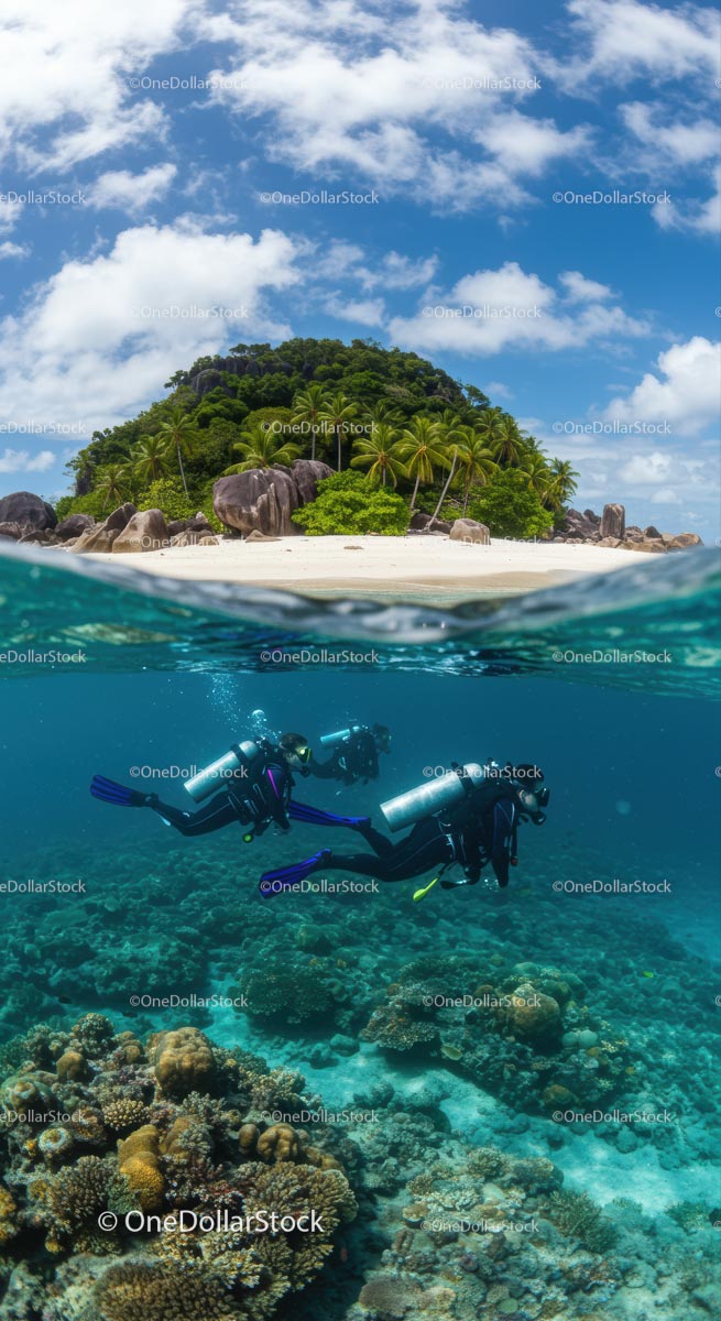 Tropical Island with Divers Exploring Coral Reefs (12 Images)