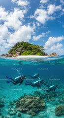 Tropical Island with Divers Exploring Coral Reefs
