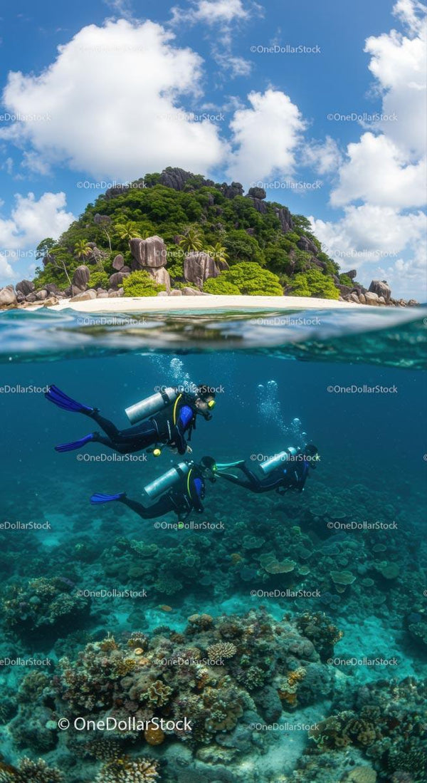 Scuba Divers Exploring Vibrant Coral Reef Near Tropical Island