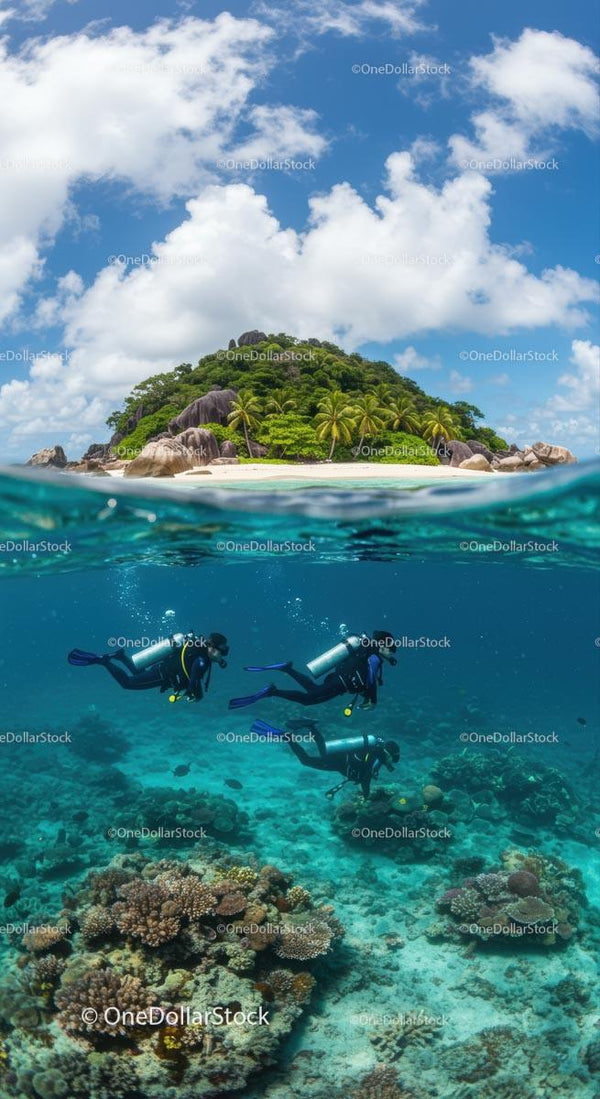 Scuba Divers Explore Vibrant Coral Reef by Tropical Island
