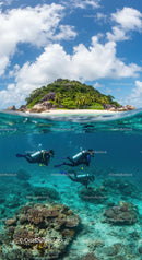 Tropical Island with Divers Exploring Coral Reefs