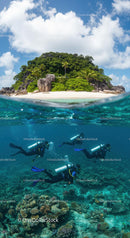 Tropical Island with Divers Exploring Coral Reefs