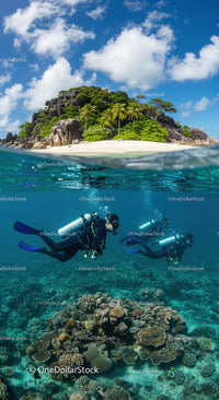 Tropical Island with Divers Exploring Coral Reefs