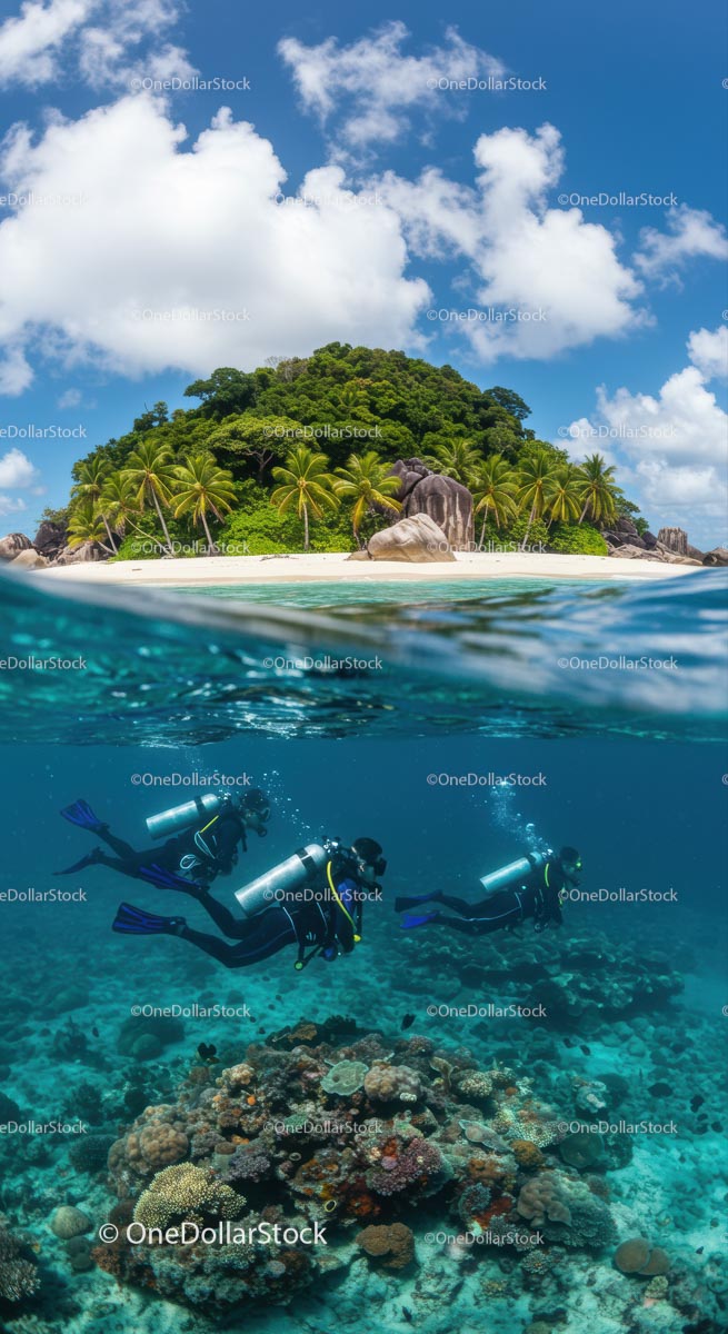 Tropical Island with Scuba Divers and Vibrant Coral Reef