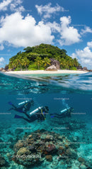 Tropical Island with Divers Exploring Coral Reefs