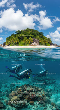 Tropical Island with Divers Exploring Coral Reefs
