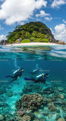 Tropical Island with Divers Exploring Coral Reefs
