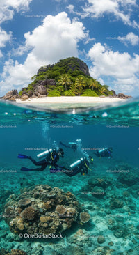 Tropical Island with Divers Exploring Coral Reefs