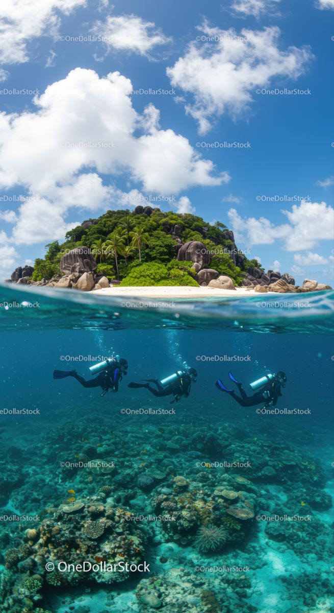 Tropical Island with Divers Exploring Coral Reefs