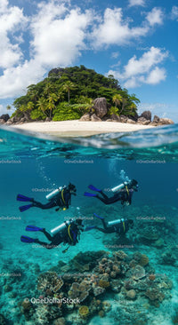 Scuba Divers Exploring Vibrant Coral Reef Near Tropical Island