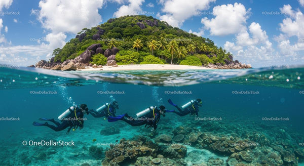 Scuba Divers Explore Coral Reefs Near Tropical Island