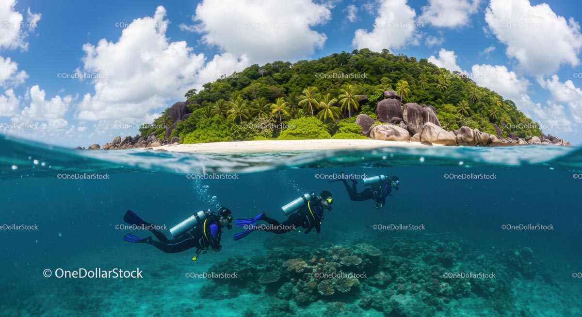 Scuba Divers Exploring Vibrant Coral Reefs Near Tropical Island