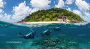 Scuba Divers Exploring Vibrant Coral Reefs Near Tropical Island