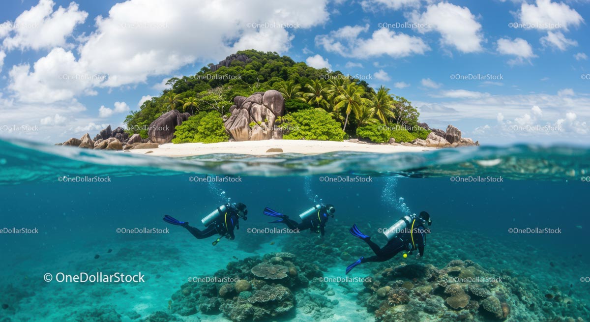 Scuba Divers Exploring Coral Reefs Near Tropical Island Paradise